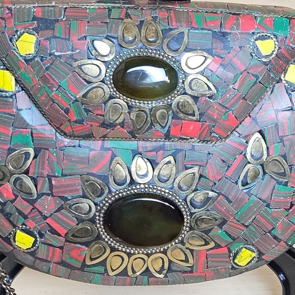 Handcrafted Mosaic Purse With Chain Strap & Sunburst Design Red/Green & Brass Ac - Picture 6 of 12